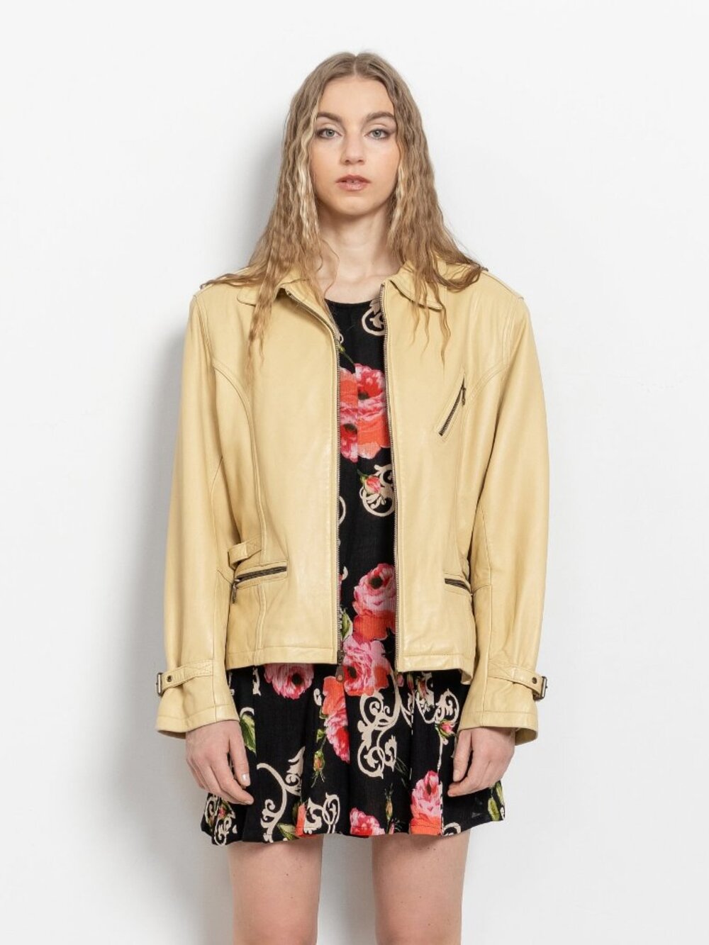 BUTTERY YELLOW MOTORCYCLE Jacket Leather Trench Coat Vintage Women Zippers